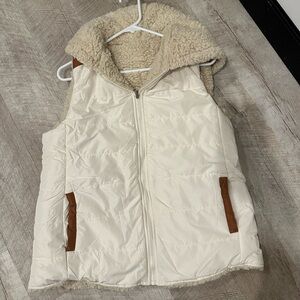 Women's Cream and Brown Sherpa Lined reversible vest.